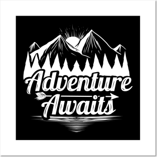 Sunrise In The Mountains Logo Adventure Awaits On Camping Posters and Art